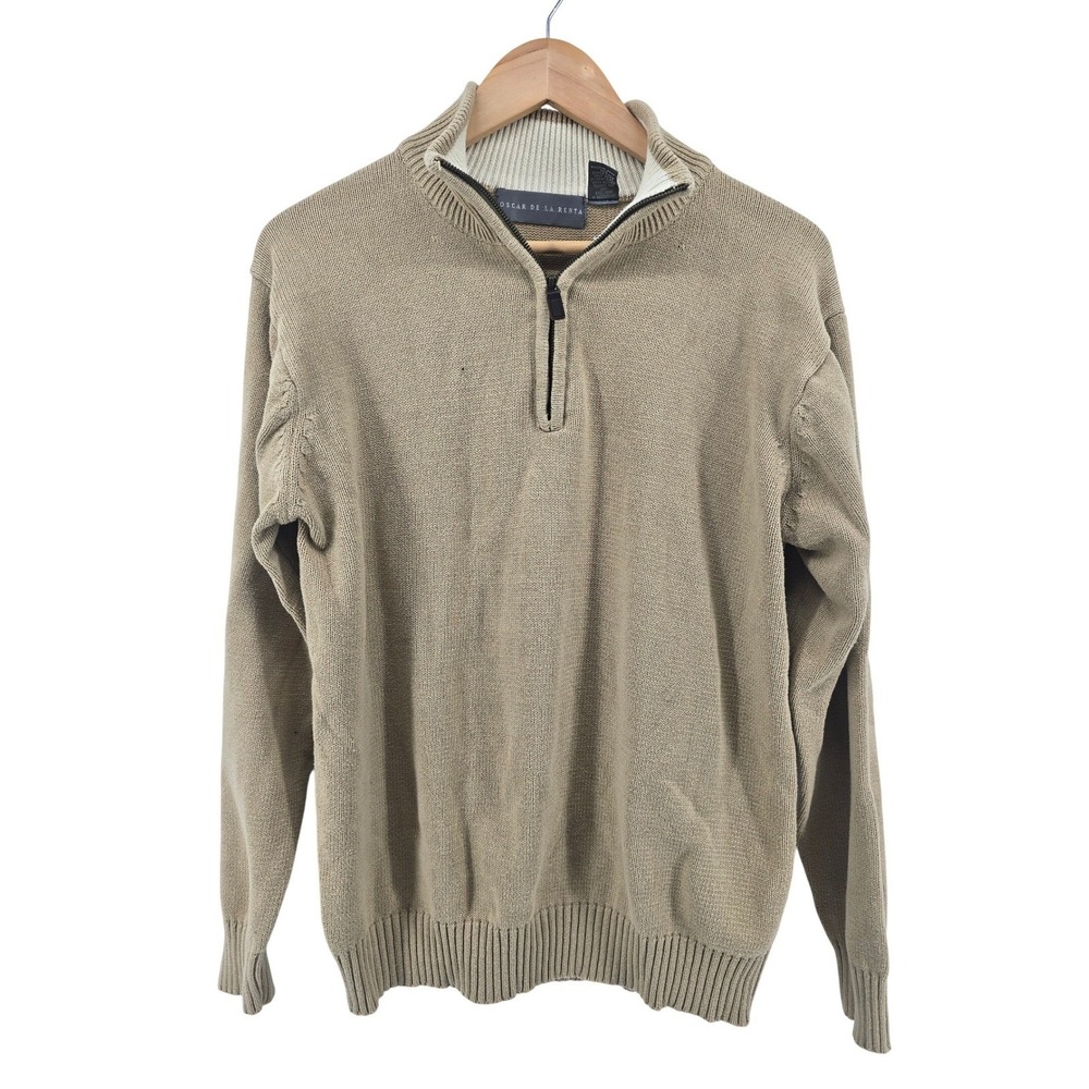 Oscar de la Renta Sweater Mens Large Tan 1/4 Zip Cotton Mock Neck Pullover‎